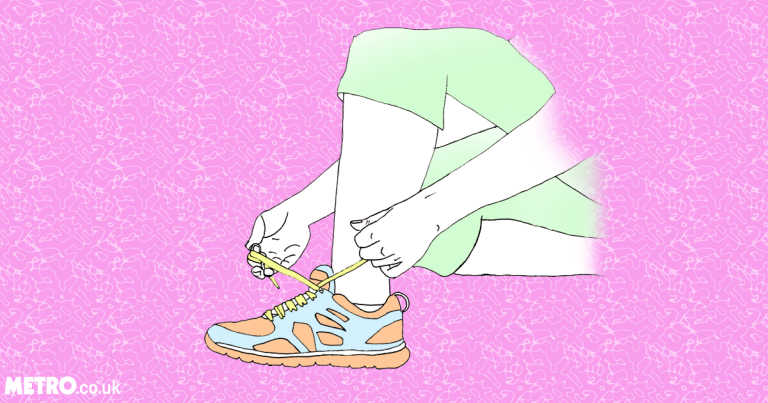 Illustration einer Frau, die Schnürsenkel an ihren Turnschuhen bindet